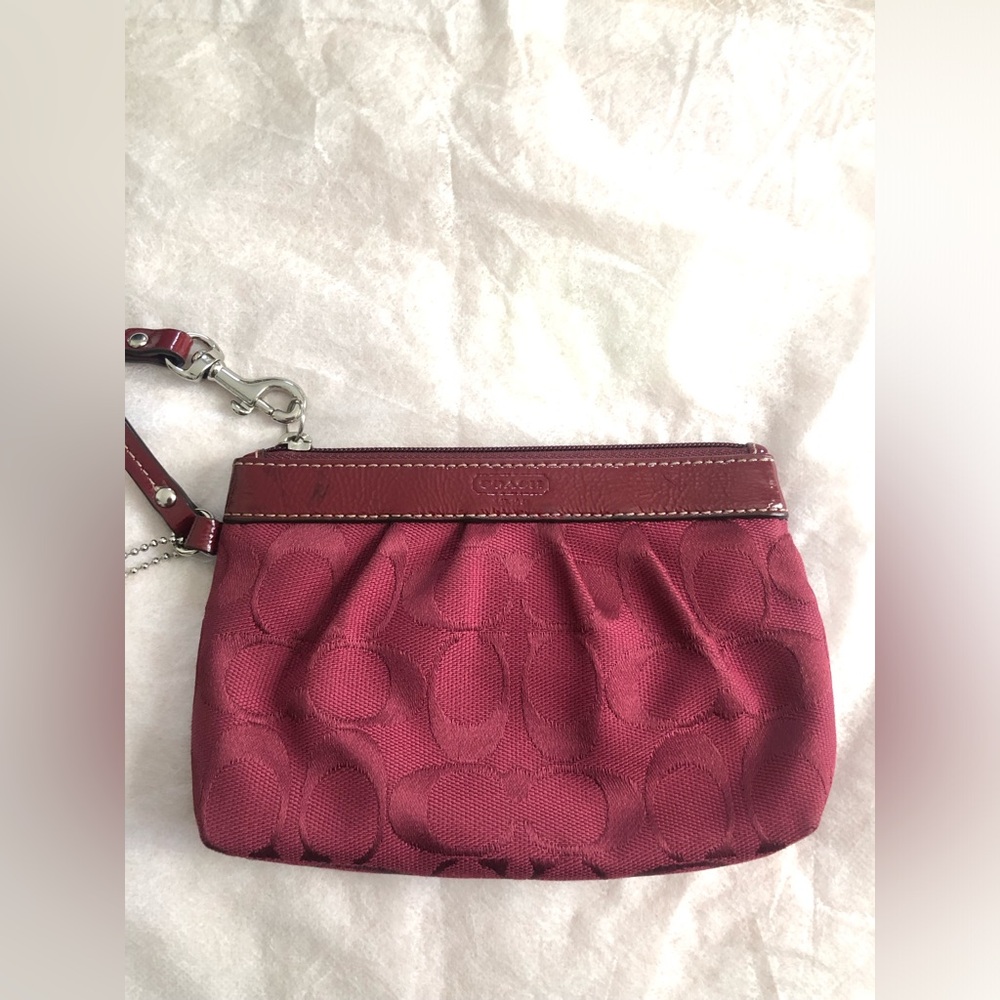 Coach Vintage Signature Jacquard Wristlet Burgundy Red Patent Leather Bag